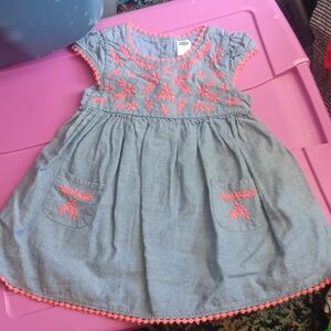 Chambray dress with pink embroidery and trim